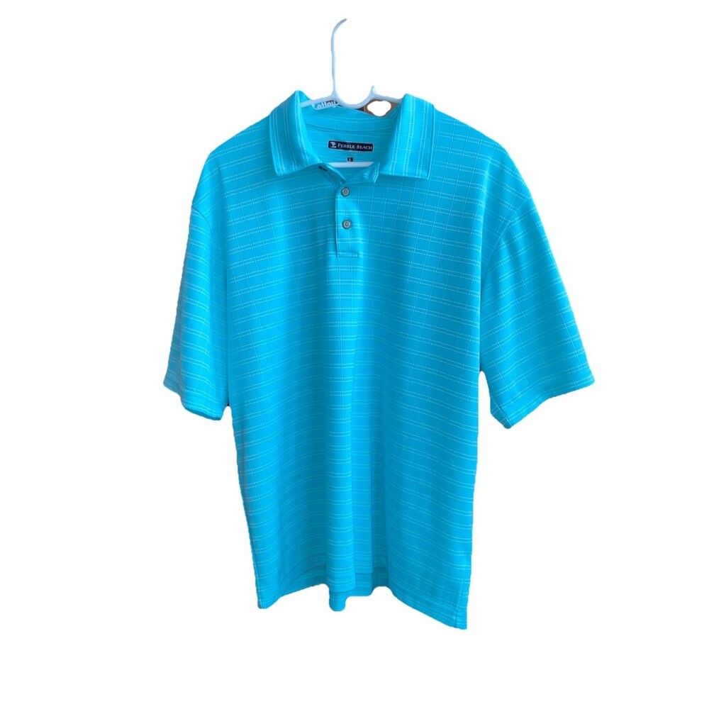 Pebble Beach Polo Shirt Mens L Performance Golf Coral BlueG Striped Short Sleeve